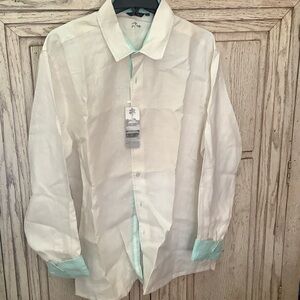 Bohio White and aqua Casual linen Shirt. Guayabera style xl nwt